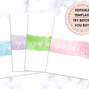 Könnte beinhalten: Vier weiße Karten mit Aquarellstreifen in Blau, Lila, Grün und Rosa. Jede Karte trägt die Worte "your text here" in einer Schreibschrift. Ein kreisförmiges Grafikdesign lautet "Sweet Summer Printable Designs, Editable Template, Try Before You Buy!"