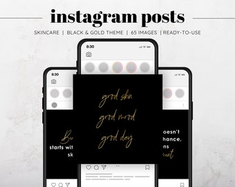 65 publicaciones de Instagram de esteticista para el cuidado de la piel en negro y dorado, citas sobre el cuidado de la piel, publicaciones en redes sociales, plantillas de piel de Instagram, citas de esteticistas