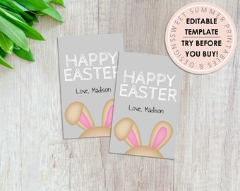Bunny Ear Gray Easter Gift Tag Printable, Editable Easter Basket Tag, Easter Tag Printable, Easter Gift Tag Editable