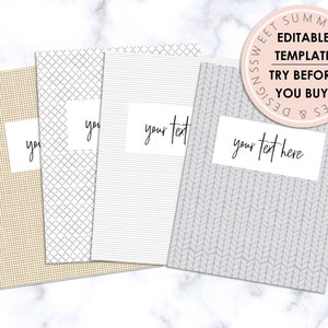 May include: Four printable notebook covers with different patterns. The covers feature a grid pattern, a diagonal line pattern, a horizontal line pattern, and a knit pattern. The covers have a white background with black lines and a text box that says "your text here".