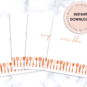 Orange Utensils Printable Recipe Binder Dividers, Light Blue Recipe Binder Dividers, Recipe Binder Kit Printable, Recipe Book Inserts