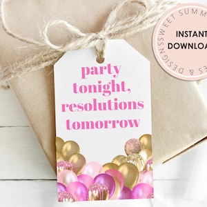 Party Tonight Pink New Year Tag Printable, New Year Tag, New Years Treat, Champagne Tag, Christmas Gift Tag Printable, New Years Eve Treat