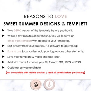 Puede incluir: Una lista de razones para amar Sweet Summer Designs & Templett, una plataforma de dise&ntilde;o digital. La lista incluye caracter&iacute;sticas como una versi&oacute;n de demostraci&oacute;n, acceso instant&aacute;neo despu&eacute;s de la compra, edici&oacute;n en un navegador web, opciones de personalizaci&oacute;n y servicio al cliente. El texto tambi&eacute;n se&ntilde;ala que la plataforma no es compatible con dispositivos m&oacute;viles.