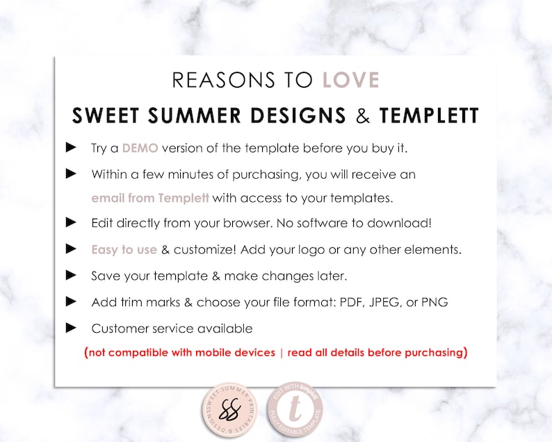 Puede incluir: Una lista de razones para amar Sweet Summer Designs & Templett, una plataforma de dise&ntilde;o digital. La lista incluye caracter&iacute;sticas como una versi&oacute;n de demostraci&oacute;n, acceso instant&aacute;neo despu&eacute;s de la compra, edici&oacute;n en un navegador web, opciones de personalizaci&oacute;n y servicio al cliente. El texto tambi&eacute;n se&ntilde;ala que la plataforma no es compatible con dispositivos m&oacute;viles.