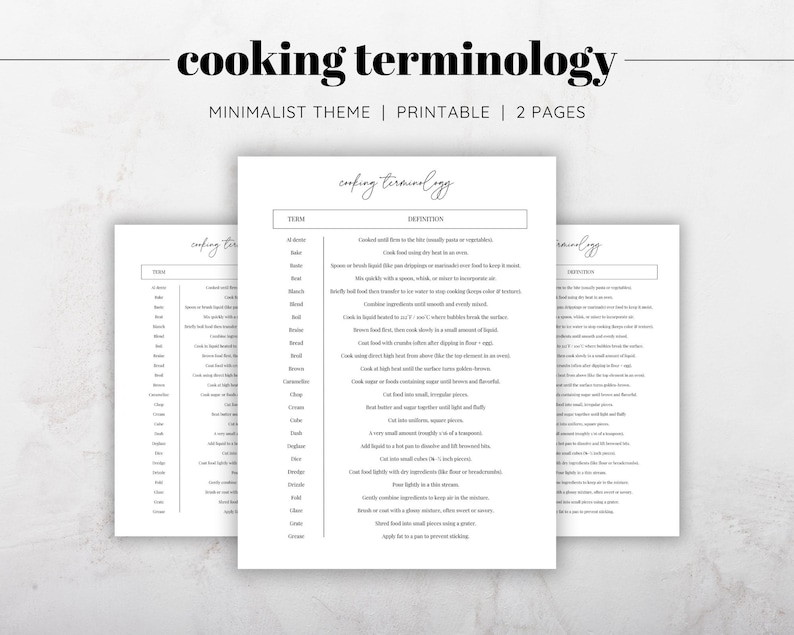 May include: Three white printable pages with the words "cooking terminology" in a minimalist theme. The pages list cooking terms and their definitions. The text is in black, and the background is white. The pages are arranged in a stack.