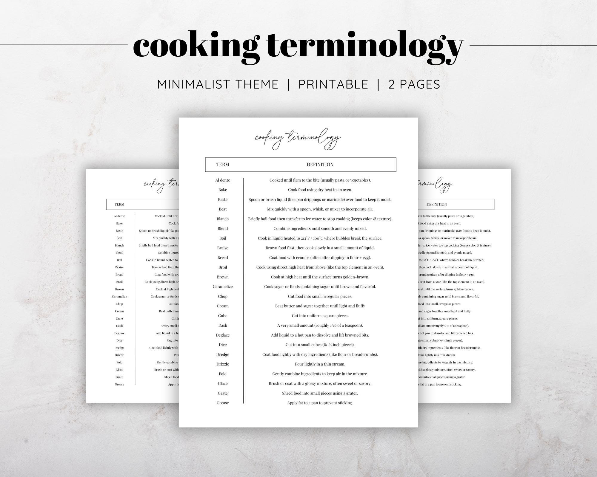 Cooking Terminology Cheat Sheet Printable | Kitchen Reference Guide ...