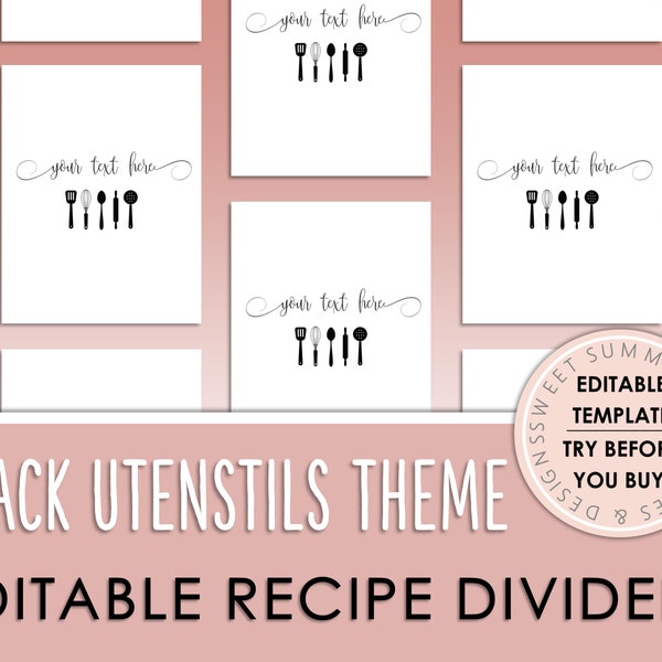 Editable Black Utensils Recipe Binder Dividers, Recipe Binder Printable Sections, Recipe Binder Kit, Utensils Recipe Binder