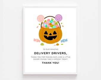 Halloween Candy Pumpkin Delivery Driver Drinks Snack Sign Printable | Thank You Delivery Drivers Sign | Porch Snack Station Sign