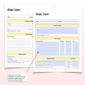 K&ouml;nnte beinhalten: Ein druckbares Bestellformular mit gelben und blauen Akzenten. Das Formular enth&auml;lt Abschnitte f&uuml;r Kundendetails, Bestelldetails, Versanddetails und Gesamtpreis. Der Text "Geben Sie Ihren Text auf dem Computer ein oder drucken Sie ihn aus und schreiben Sie ihn von Hand. Blaue Felder werden beim Drucken nicht angezeigt." befindet sich am unteren Rand des Formulars.