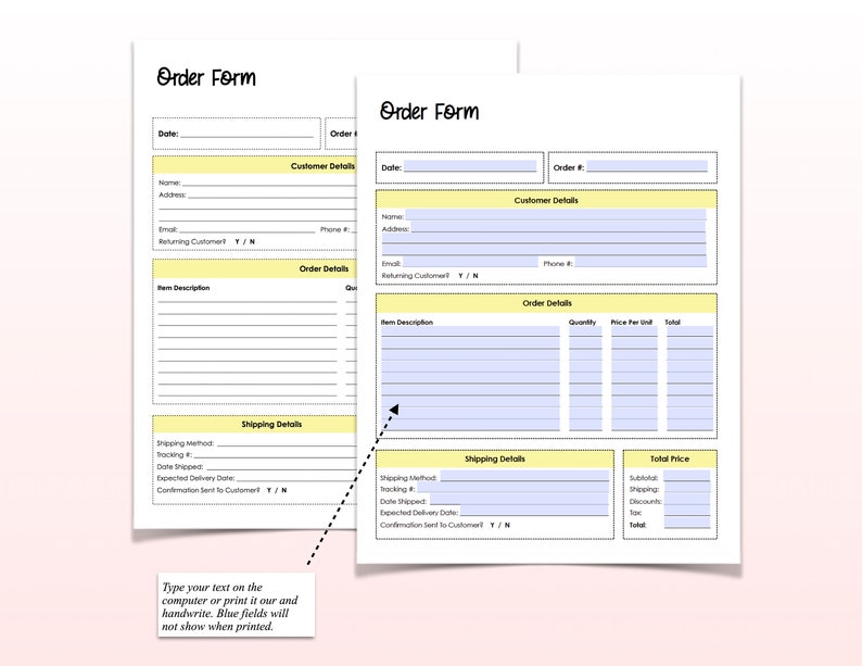 K&ouml;nnte beinhalten: Ein druckbares Bestellformular mit gelben und blauen Akzenten. Das Formular enth&auml;lt Abschnitte f&uuml;r Kundendetails, Bestelldetails, Versanddetails und Gesamtpreis. Der Text "Geben Sie Ihren Text auf dem Computer ein oder drucken Sie ihn aus und schreiben Sie ihn von Hand. Blaue Felder werden beim Drucken nicht angezeigt." befindet sich am unteren Rand des Formulars.