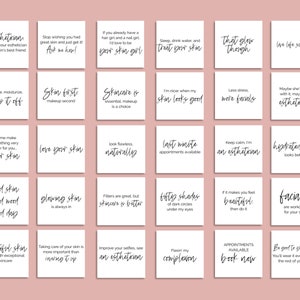 Puede incluir: Un fondo blanco con 16 im&aacute;genes cuadradas que contienen texto sobre el cuidado de la piel y los esteticistas. El texto incluye frases como "Piel primero, maquillaje despu&eacute;s", "Ama tu piel", "Mant&eacute;n la calma, soy esteticista", y "S&eacute; bueno con tu piel".