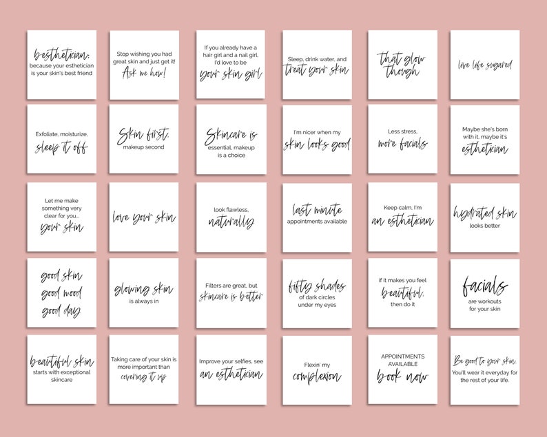 Puede incluir: Un fondo blanco con 16 im&aacute;genes cuadradas que contienen texto sobre el cuidado de la piel y los esteticistas. El texto incluye frases como "Piel primero, maquillaje despu&eacute;s", "Ama tu piel", "Mant&eacute;n la calma, soy esteticista", y "S&eacute; bueno con tu piel".