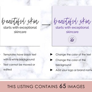Puede incluir: Dos plantillas de publicaci&oacute;n en redes sociales con el texto "beautiful skin starts with exceptional skincare". La plantilla de la izquierda tiene texto negro sobre un fondo blanco. La plantilla de la derecha tiene texto morado sobre un fondo morado claro con un peque&ntilde;o logotipo en la esquina inferior derecha. El texto debajo de las plantillas describe las caracter&iacute;sticas de las plantillas.