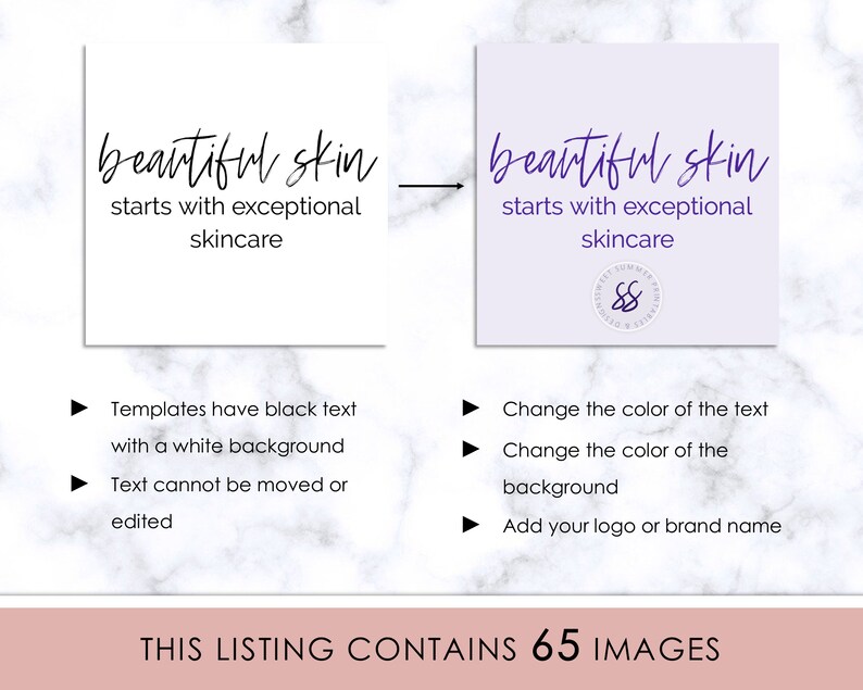 Puede incluir: Dos plantillas de publicaci&oacute;n en redes sociales con el texto "beautiful skin starts with exceptional skincare". La plantilla de la izquierda tiene texto negro sobre un fondo blanco. La plantilla de la derecha tiene texto morado sobre un fondo morado claro con un peque&ntilde;o logotipo en la esquina inferior derecha. El texto debajo de las plantillas describe las caracter&iacute;sticas de las plantillas.