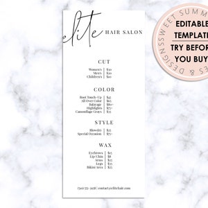 Hair Salon Editable Price List, Hair Editable Rack Card, Hair Editable Pricing Sheet, Hair Business Logo, Hair Salon Template, Price List