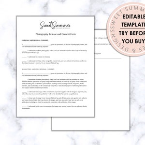 May include: Editable photography release and consent form template for Sweet Summer. The form includes sections for clinical and medical consent, and marketing and educational consent. The template is available for purchase and can be used to obtain permission for the use of photographs and videos.