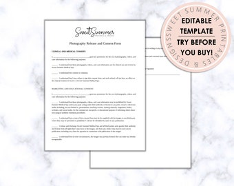 Toestemmings- en vrijgaveformulier voor foto, Toestemming voor fotografie en video, Toestemmingsformulier voor de patiënt, Bewerkbaar formulier, Med Spa-formulieren, Medische spa