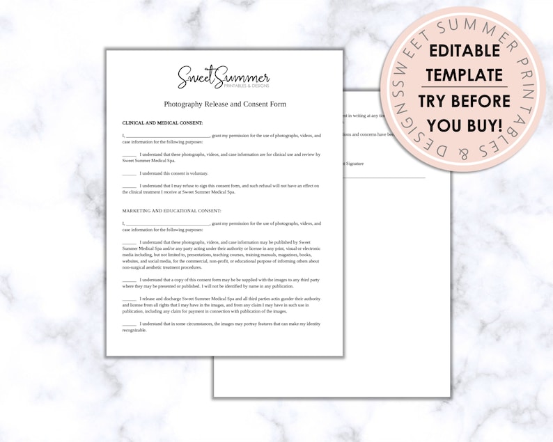 May include: Editable photography release and consent form template for Sweet Summer. The form includes sections for clinical and medical consent, and marketing and educational consent. The template is available for purchase and can be used to obtain permission for the use of photographs and videos.