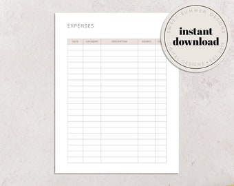 Puede incluir: Un rastreador de gastos imprimible con columnas para la fecha, la categoría, la descripción, la fuente y el costo. El rastreador está diseñado para uso personal o comercial.