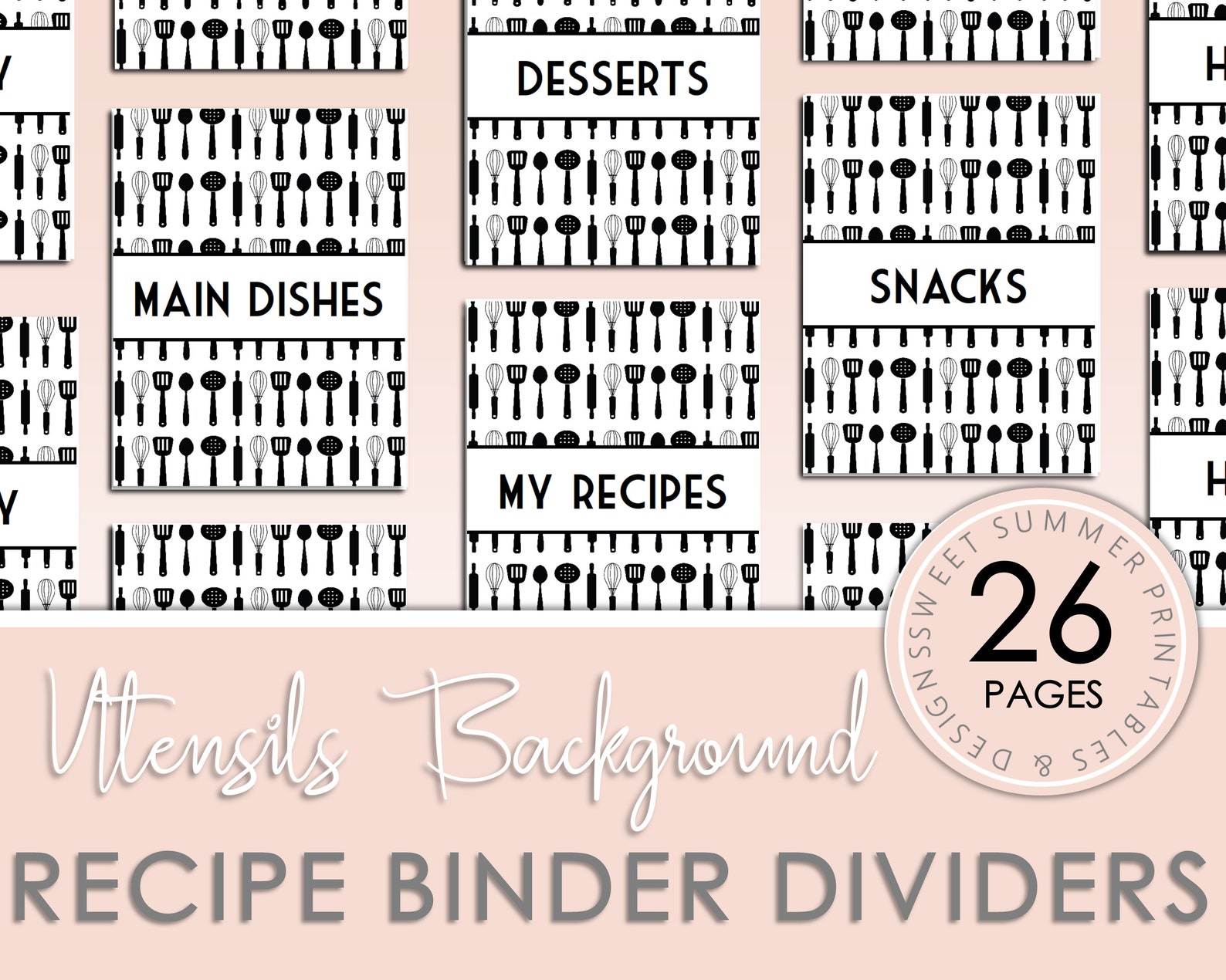 Recipe Binder Dividers Printable Black and White Recipe Book Etsy
