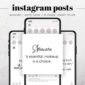 Könnte beinhalten: Ein weißer Telefonbildschirm mit schwarzem Rahmen zeigt einen Social-Media-Beitrag mit dem Text "Skincare is essential, makeup is a choice." Der Beitrag befindet sich auf einem weißen Hintergrund mit schwarzem Rand.