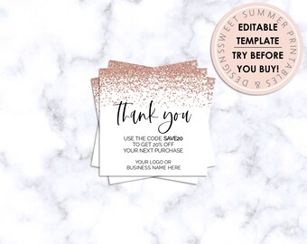 Rose Gold Glitter Thank You Coupon Inserts, Reseller Thank You Coupon Template, Instant Download Coupon, Online Shop Coupon Printable