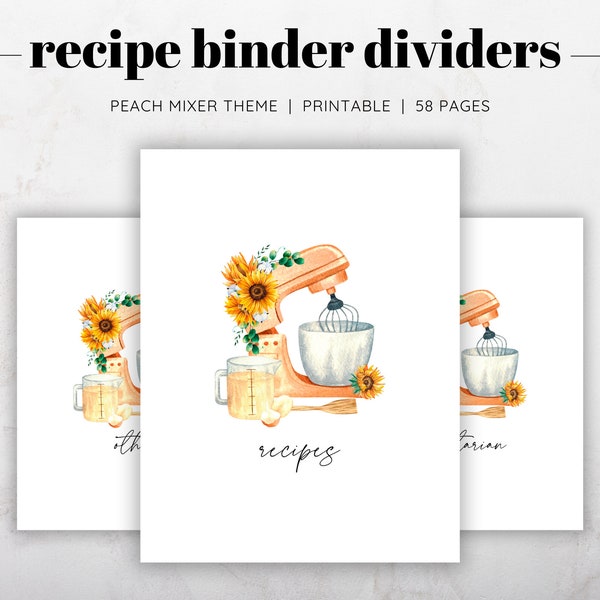 Peach Kitchen Mixer Recipe Binder Dividers, Recipe Binder Printable Sections, Recipe Binder Kit, Floral Recipe Binder, Recipe Binder Gift