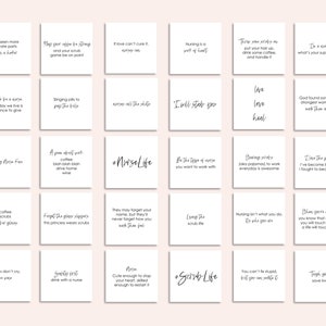 May include: A set of 20 printable cards with inspirational quotes for nurses. The cards feature black text on a white background and are arranged in a grid.