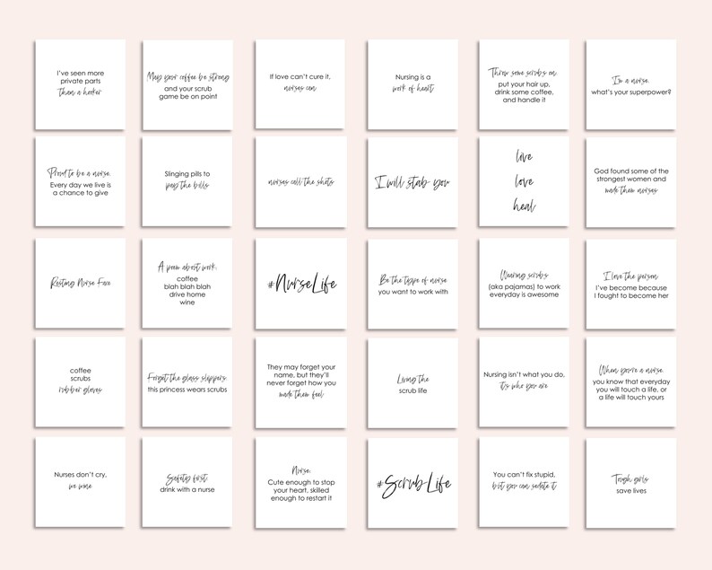 May include: A set of 20 printable cards with inspirational quotes for nurses. The cards feature black text on a white background and are arranged in a grid.