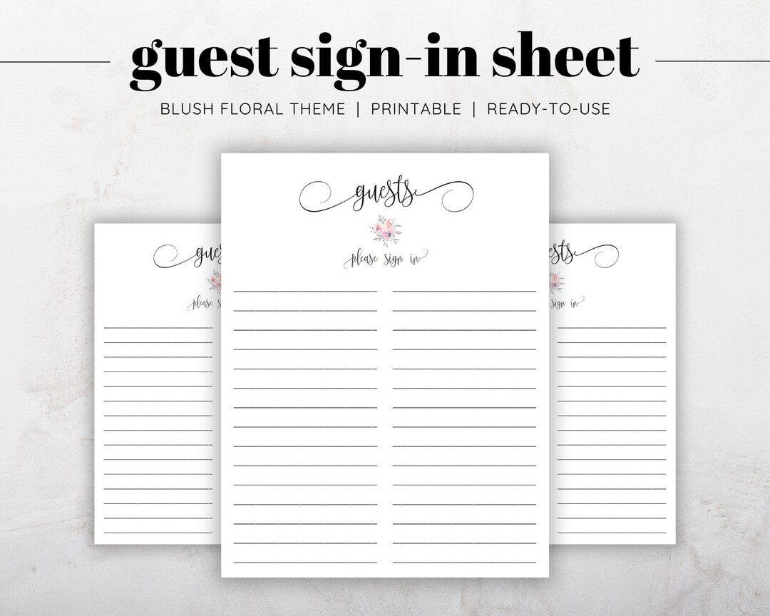 Bridal Shower Guest Sign in Sheet, Blush Floral Bridal Shower Guest