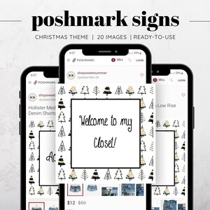 Könnte beinhalten: Ein Satz von 20 anpassbaren Weihnachts-Schildern zur Verwendung in der Poshmark-App. Die Schilder haben einen weißen Hintergrund mit schwarzen und goldenen stilisierten Weihnachtsbäumen. Der Text auf den Schildern lautet "Willkommen in meinem Kleiderschrank!" und "Niedrige Taille".