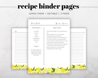 Lemon Recipe and Notes Pages, Recipe Binder Printable Sections, Recipe Binder Kit, Floral Recipe Binder, Recipe Binder Gift