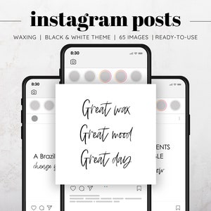 Könnte beinhalten: Ein Mockup eines Smartphone-Bildschirms, der einen Instagram-Post mit dem Text "Great wax, Great mood, Great day" zeigt. Der Beitrag ist in einem Schwarzweiß-Thema mit weißem Hintergrund und schwarzem Text gehalten.