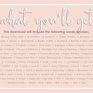 May include: A pink background with white text listing words and phrases that are commonly used in social media posts and captions. The text reads "what you'll get" and "This download will include the following words/phrases:" followed by a list of words and phrases.