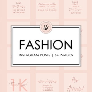 K&ouml;nnte beinhalten: Eine rosa und wei&szlig;e Grafik mit dem Text "FASHION" in Schwarz, "INSTAGRAM POSTS | 64 IMAGES" in Schwarz und verschiedenen rosa Textphrasen zum Thema Mode und Shopping.
