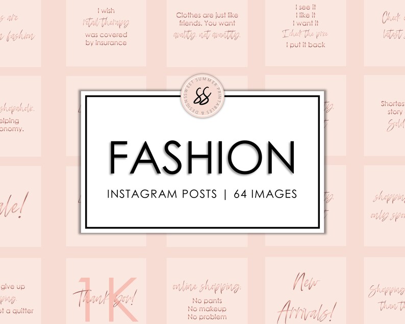 K&ouml;nnte beinhalten: Eine rosa und wei&szlig;e Grafik mit dem Text "FASHION" in Schwarz, "INSTAGRAM POSTS | 64 IMAGES" in Schwarz und verschiedenen rosa Textphrasen zum Thema Mode und Shopping.