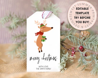 Reindeer Christmas Gift Tag Printable, Editable Christmas Gift Tag, Holiday Tag Printable, Christmas Gift Tag Editable, Editable Xmas