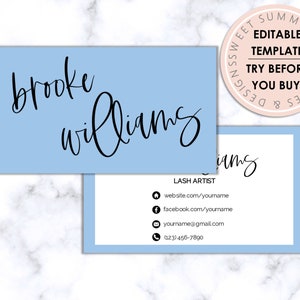 Minimalist Blue Border Editable Business Card, Printable Makeup Business Card, Salon Business Card, Printable Jewelry Business Card