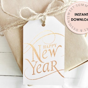 Happy New Year Gold Shimmer Tag Printable, New Year Tag, New Years Treat, Champagne Tag, Christmas Gift Tag Printable, New Years Eve Treat