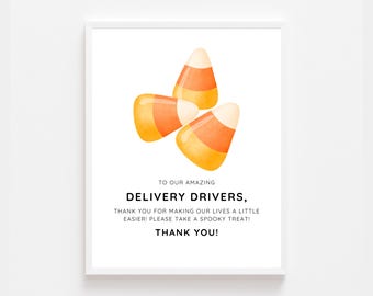 Halloween Candy Corn Delivery Driver Drinks Snack Sign Printable | Thank You Delivery Drivers Sign | Porch Snack Station Sign