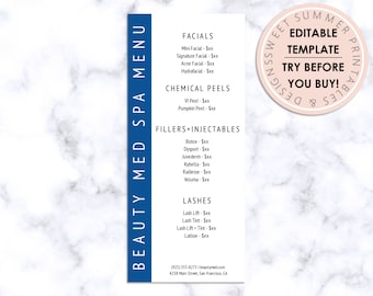 Puede incluir: Un menú de spa azul y blanco con el texto "Beauty Med Spa Menu" en un rectángulo azul. El menú enumera servicios como tratamientos faciales, peelings químicos, rellenos e inyectables, y pestañas. El menú también incluye el número de teléfono, el sitio web y la dirección del spa.