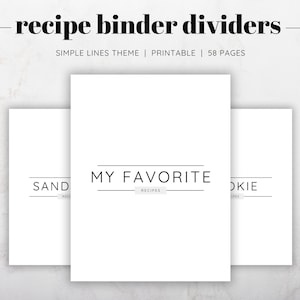 Può includere: Tre divisori per raccoglitore di ricette stampabili con un tema di linee semplici. I divisori sono bianchi con testo nero. Il testo sui divisori recita "SAND RECIPES", "MY FAVORITE RECIPES" e "COOKIE RECIPES".