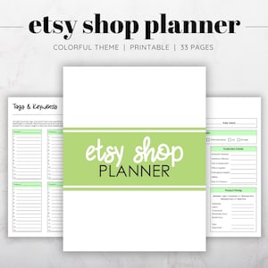 May include: A printable Etsy shop planner with a green and white color scheme. The planner includes sections for tags and keywords, product details, and pricing. The cover features the text "etsy shop planner" in a green box.