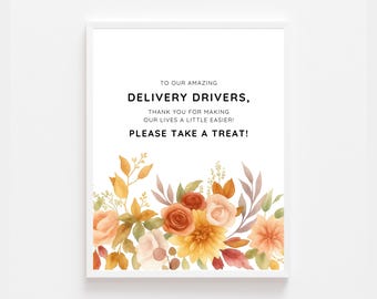 Floral Fall Delivery Driver Drinks Snack Sign Printable | Thank You Delivery Drivers Sign | Porch Snack Station Sign