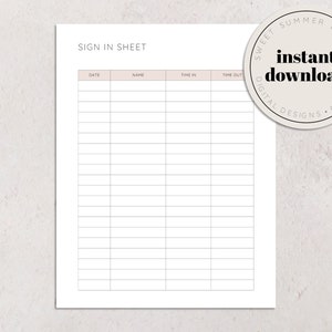 Sign in Sheet Printable, Employee Printable, Timesheet Printable ...