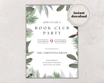 Op de afbeelding: Een witte uitnodiging met een groene en grijze bladrand. De tekst luidt "Join us for a Book Club Party, Zaterdag 9 december, Uitgelichte lezing: The Christmas Dress, Nicoles Residence, 123 Main Street, San Francisco, RSVP aan Emma op 123 456 7890".