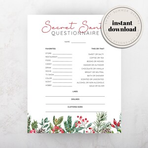 Holly Secret Santa Questionnaire Printable, Printable Gift Exchange Questionnaire, Christmas Gift Exchange, Simmer Potpourri Tag