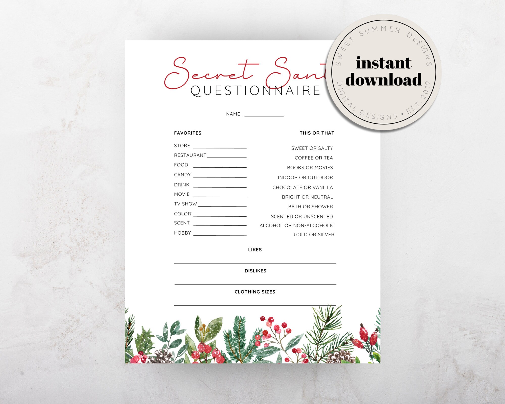 Holly Secret Santa Questionnaire Printable, Printable Gift Exchange ...