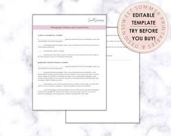 Toestemmings- en vrijgaveformulier voor foto, vetgedrukte fotografie en videotoestemming, toestemmingsformulier voor patiënten, bewerkbaar formulier, Med Spa-formulieren, medische spa