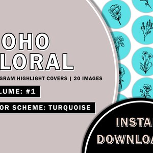 20 Hand Drawn Floral Turquoise Instagram Highlight Covers, Salon Highlight, Minimalist Highlight Covers, Instagram Boho Highlight Cover